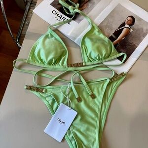 Mint Green Bikini Set – Triangle Top & High-Cut Bottom – Minimal Gold Detail
